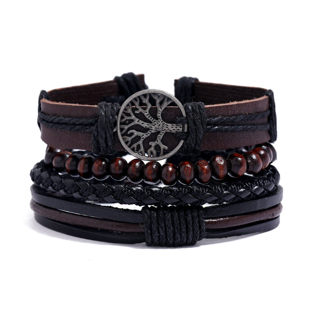 Hand Woven Leather Bracelet Set Vintage Tree of Life Design Multi Layer Three Piece for Men Casual Accessories