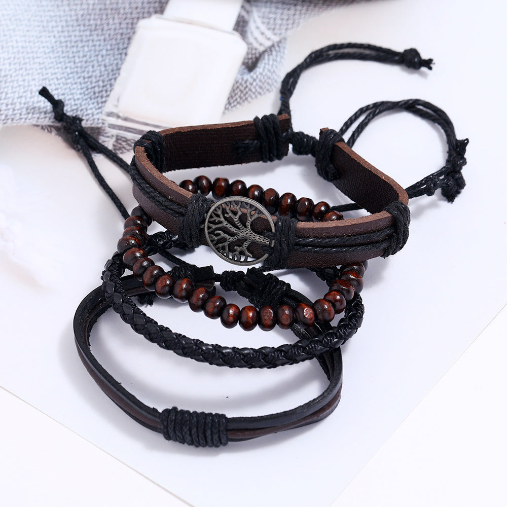 Hand Woven Leather Bracelet Set Vintage Tree of Life Design Multi Layer Three Piece for Men Casual Accessories
