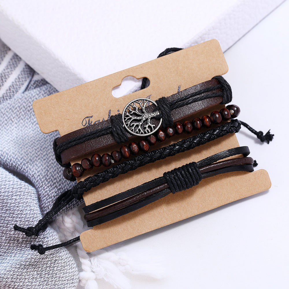 Hand Woven Leather Bracelet Set Vintage Tree of Life Design Multi Layer Three Piece for Men Casual Accessories