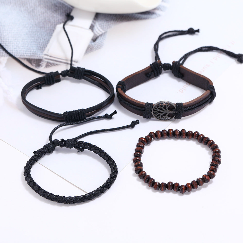 Hand Woven Leather Bracelet Set Vintage Tree of Life Design Multi Layer Three Piece for Men Casual Accessories