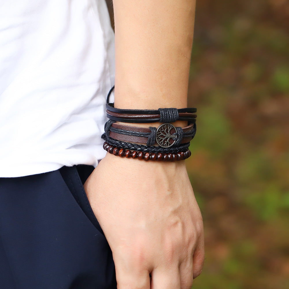Hand Woven Leather Bracelet Set Vintage Tree of Life Design Multi Layer Three Piece for Men Casual Accessories