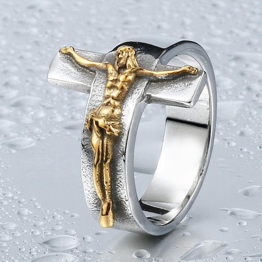 Mens Alloy Jesus Cross Ring Religious Jewelry Gift Electroplated Individually Packed Ring For Men Gold Jewelry