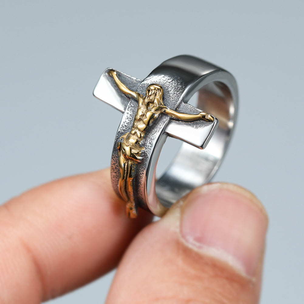 Mens Alloy Jesus Cross Ring Religious Jewelry Gift Electroplated Individually Packed Ring For Men Gold Jewelry