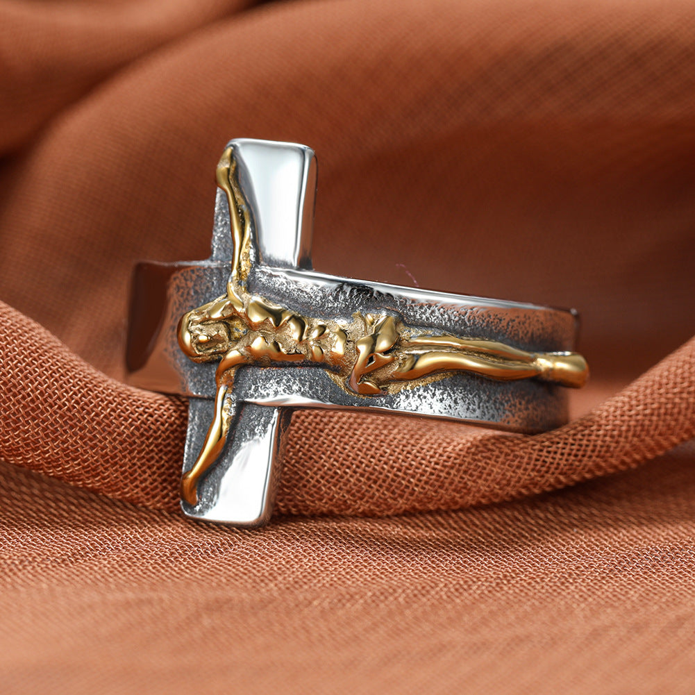 Mens Alloy Jesus Cross Ring Religious Jewelry Gift Electroplated Individually Packed Ring For Men Gold Jewelry