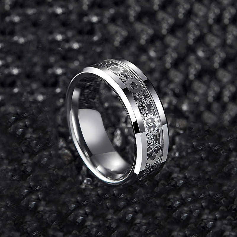 Mens Titanium Steel Gear Ring With Carbon Fiber Inlay