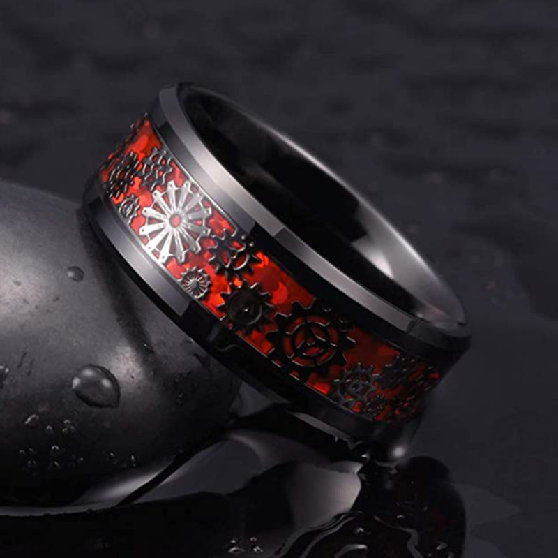 Mens Titanium Steel Gear Ring With Carbon Fiber Inlay