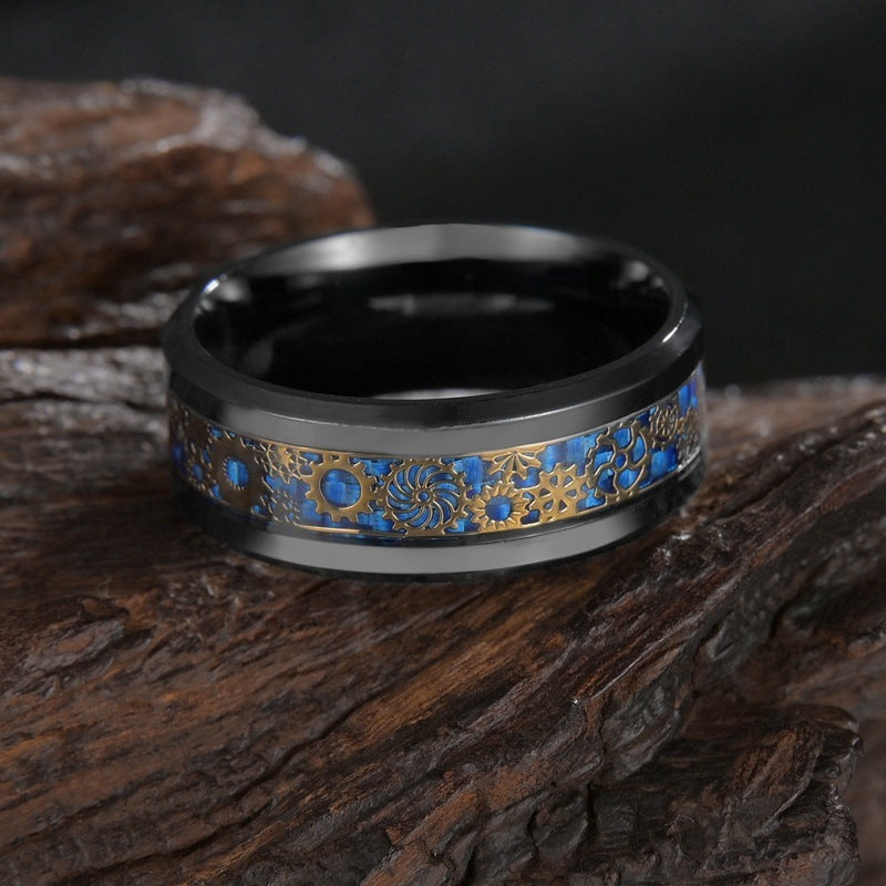Mens Titanium Steel Gear Ring With Carbon Fiber Inlay