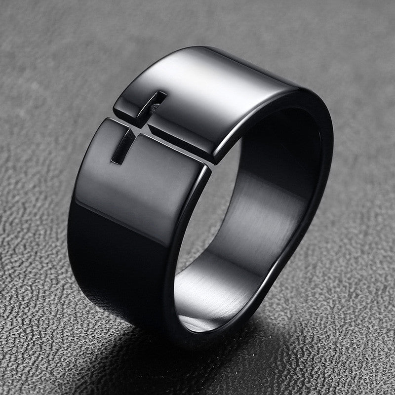 Brand Punk Vintage Cross Men's Ring Stainless Steel 10mm Black Tone Fashion Rocker Ring