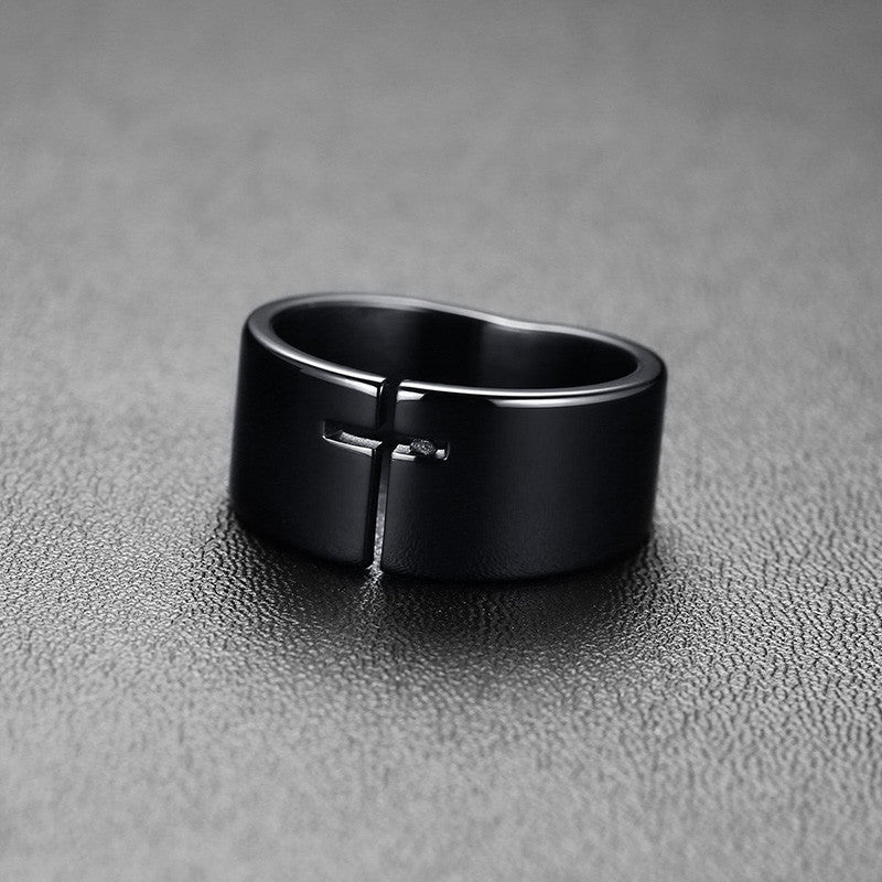 Brand Punk Vintage Cross Men's Ring Stainless Steel 10mm Black Tone Fashion Rocker Ring