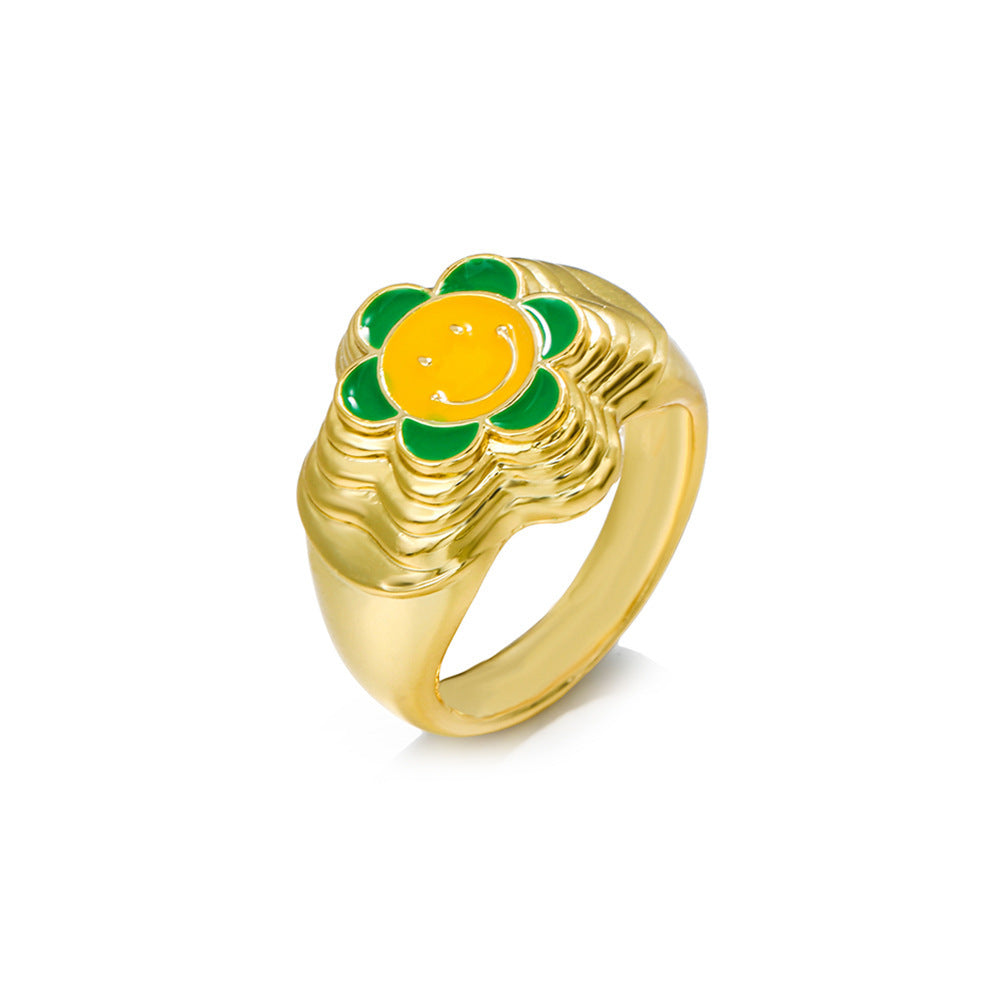 Smiley Face Ring Gold Plated Brass Durable Color Keeping Dainty Fashion Everyday Jewelry For Anniversary Gift