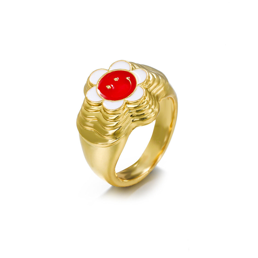 Smiley Face Ring Gold Plated Brass Durable Color Keeping Dainty Fashion Everyday Jewelry For Anniversary Gift