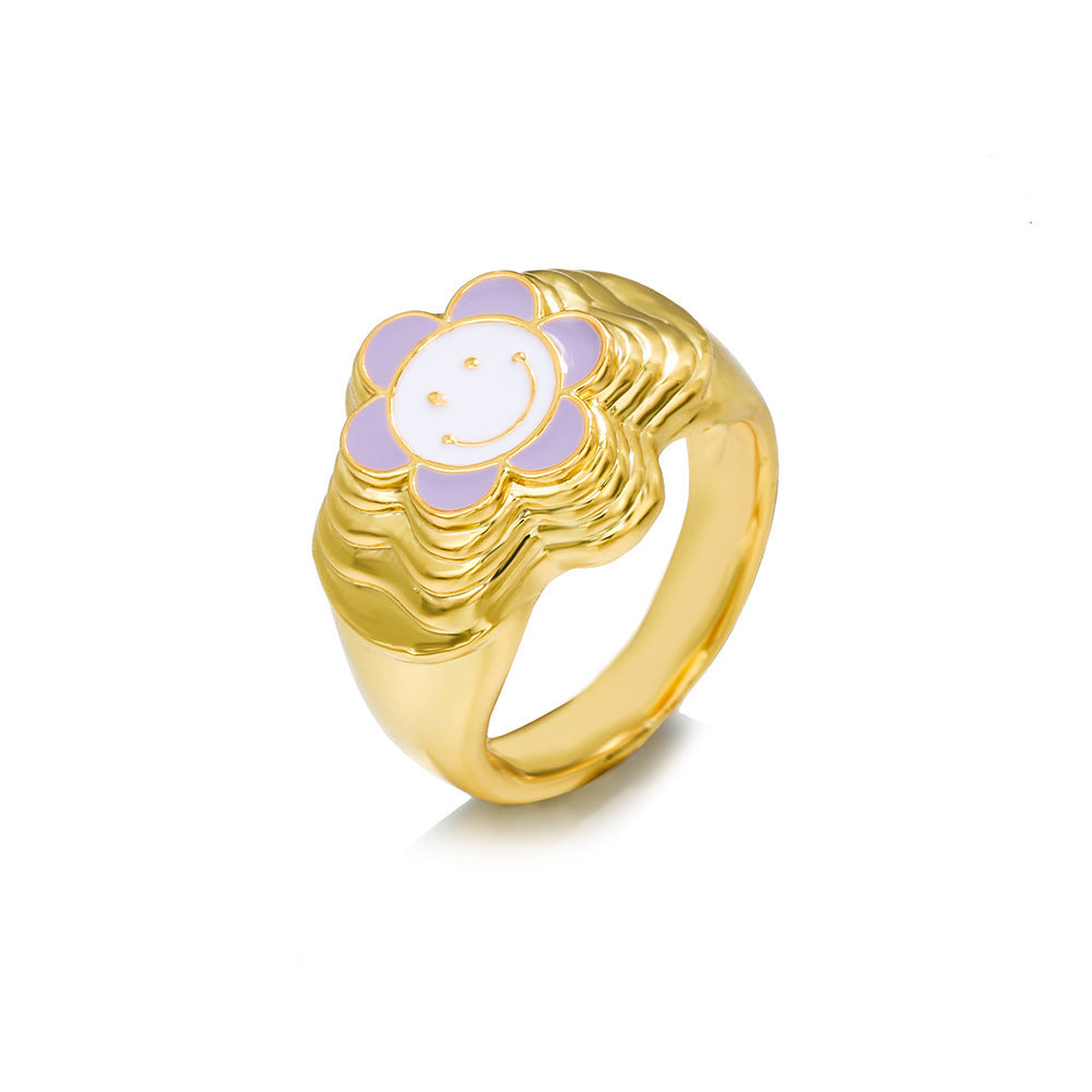 Smiley Face Ring Gold Plated Brass Durable Color Keeping Dainty Fashion Everyday Jewelry For Anniversary Gift