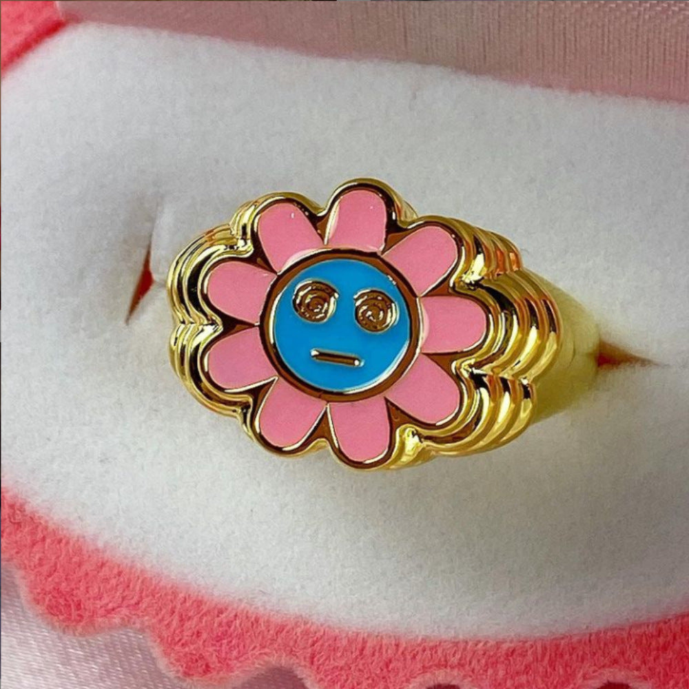Women's Gold Plated Color Preserving Smiley Face Brass Ring For Everyday Wear Fashion Jewelry Gift Trendy Ring