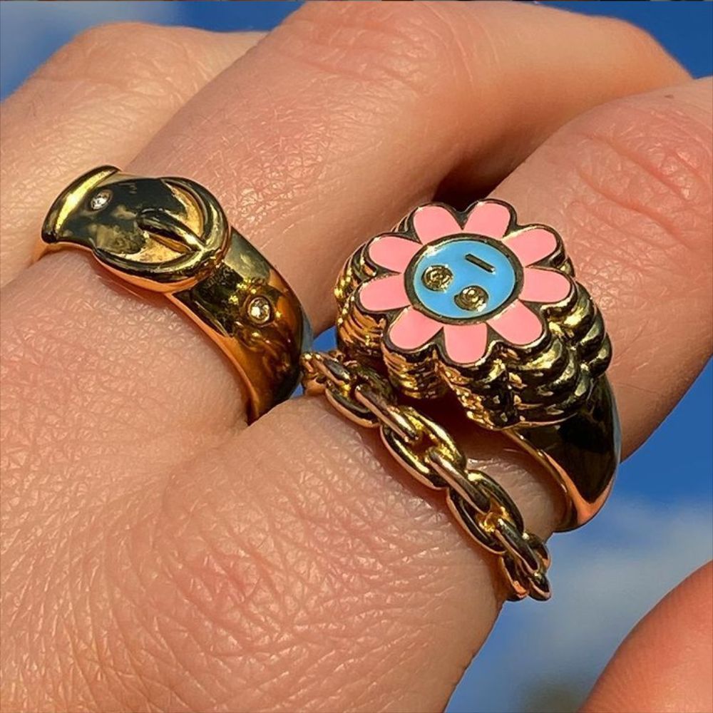Women's Gold Plated Color Preserving Smiley Face Brass Ring For Everyday Wear Fashion Jewelry Gift Trendy Ring