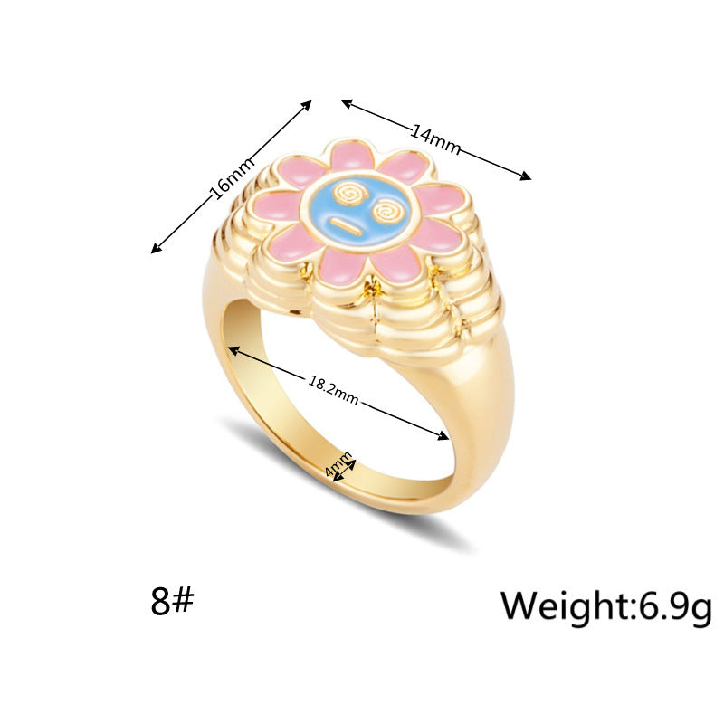 Women's Gold Plated Color Preserving Smiley Face Brass Ring For Everyday Wear Fashion Jewelry Gift Trendy Ring