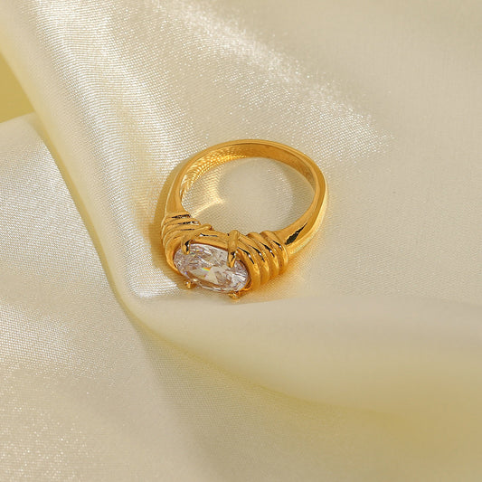 Womens Stainless Steel Ring White Zircon 18K Gold Plated