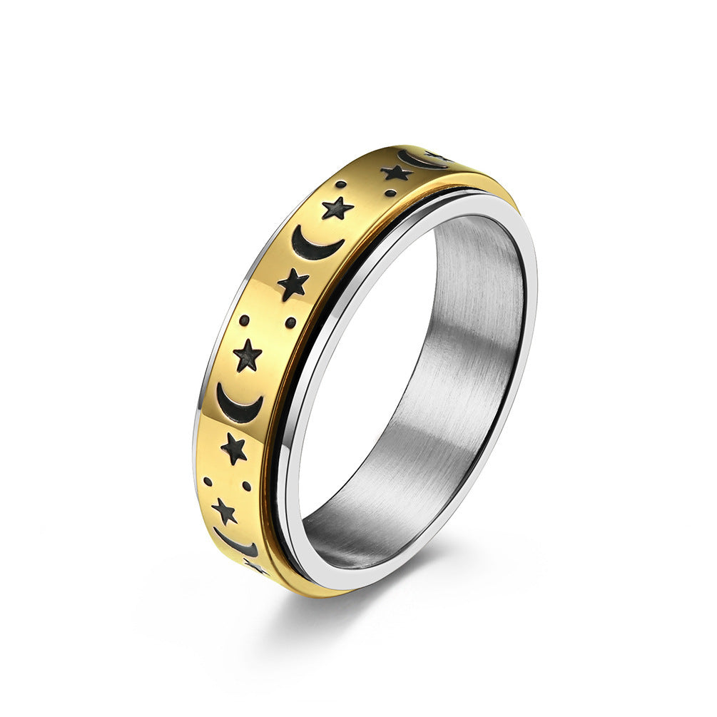 Moon And Star Titanium Steel Ring For Women And Men Unisex Polished Geometric Band Shiny Silver Gold Rose Gold