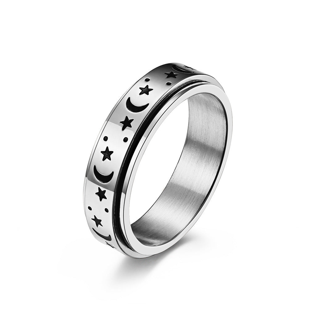 Moon And Star Titanium Steel Ring For Women And Men Unisex Polished Geometric Band Shiny Silver Gold Rose Gold