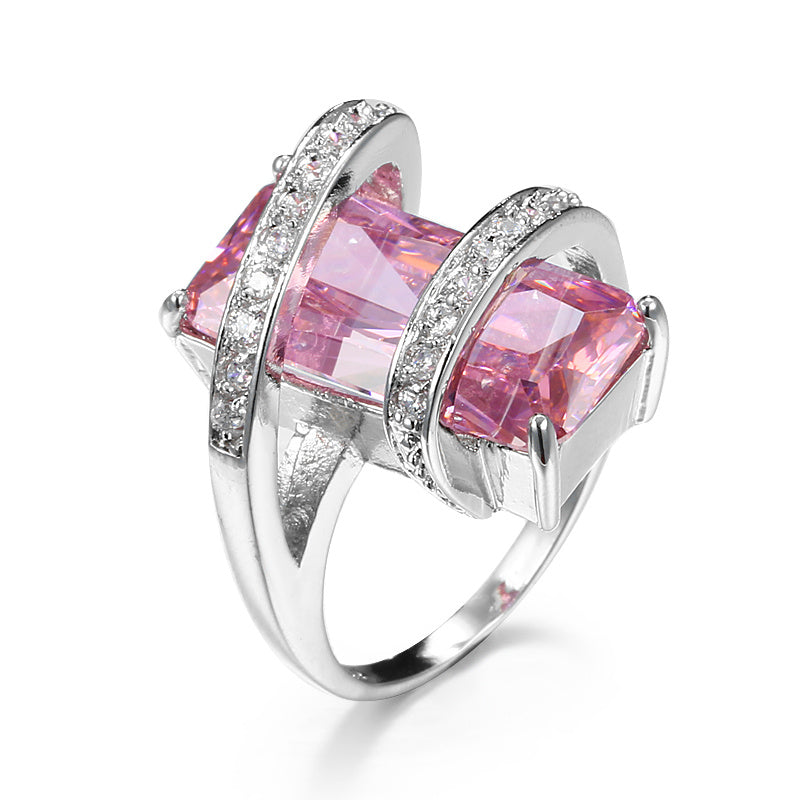 Extra Large Rectangular Zircon Ring Alloy Silver Plated European American Fashion Inlay Gem Ring For Couples Trendy