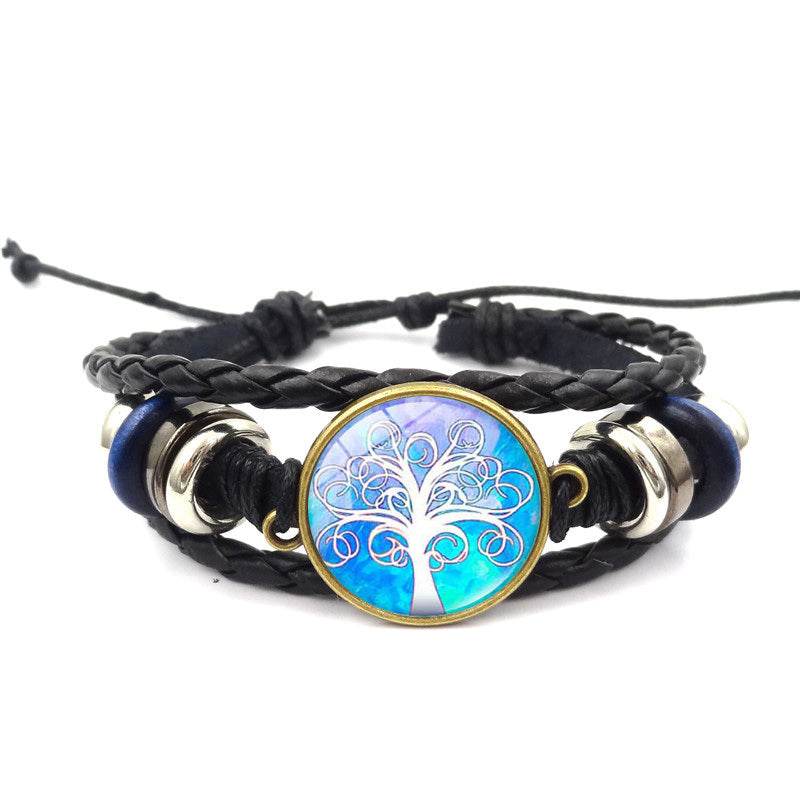 Tree of Life Handmade Multilayer Braided Leather Bracelet with Glass Charm Black Alloy Adjustable High Quality
