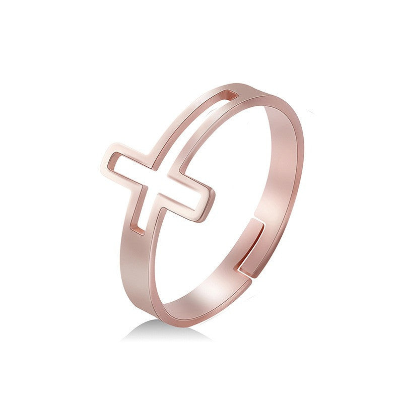 Womens Stainless Steel Cross Ring Adjustable Open Band Fashion Jewelry Gold White Rose Gold Colors Gift Birthday