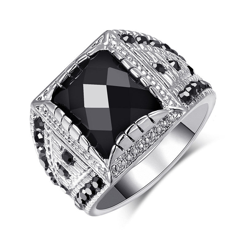 Silver Plated Geometric Ring with Black Gem Inlay Alloy Electroplated Fashion Jewelry European Inspired Wear Everyday