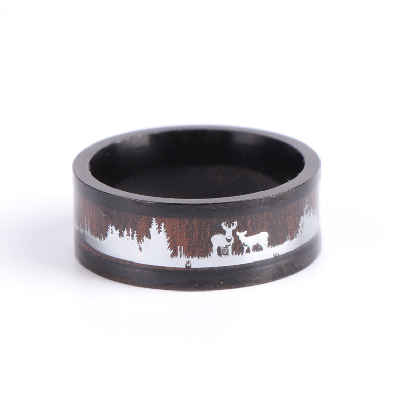 Mens Stainless Steel Ring With Wood Grains Silhouette Geometric Fashion Bands Durable Modern Jewelry Accessory