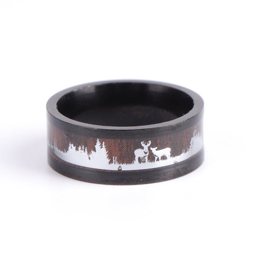 Mens Stainless Steel Ring With Wood Grains Silhouette Geometric Fashion Bands Durable Modern Jewelry Accessory