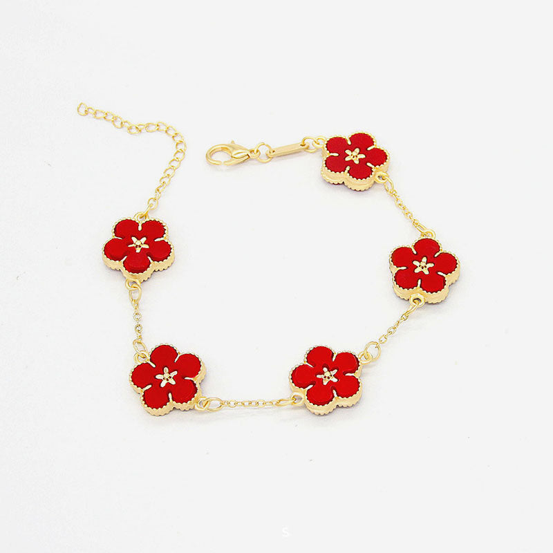 Womens Floral Double Sided Plum Blossom Alloy Bracelet Electroplated Flower With Extender Chain Crystal Detail