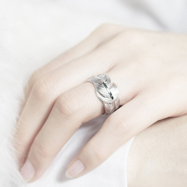 Sterling Silver Feather Ring Adjustable Open Design With Textured Feather Detailing 925 Silver Packaging Ready