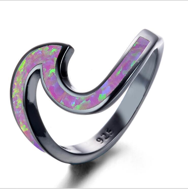 Womens Heart Ring Gold Plated Black Opal And White Ocean Wave Design Heart Shaped Jewelry For Women Size 5 To 10