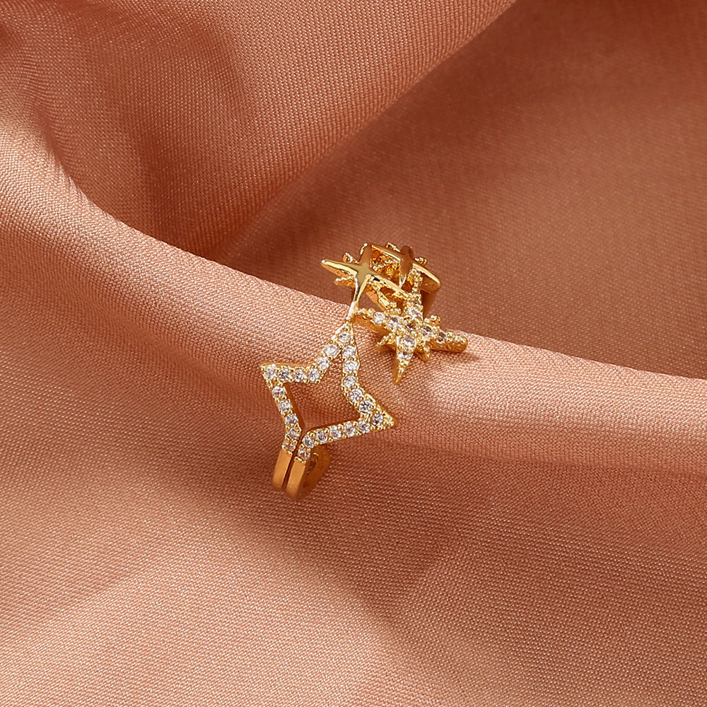 Pentagram Ring Star Studded Adjustable Copper Zircon Electroplated Finish European American Delicate Jewelry Trendy