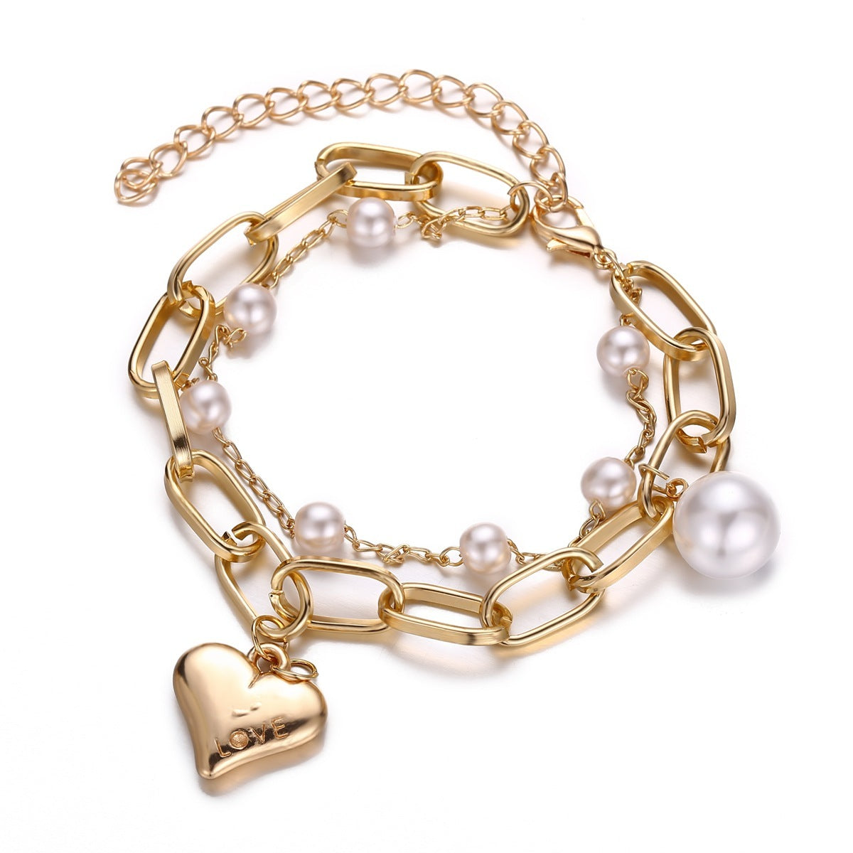 Double Layer Bracelet With Pearl Love Heart Charm Geometric Electroplated Alloy Retro Fashionable Jewelry Gift