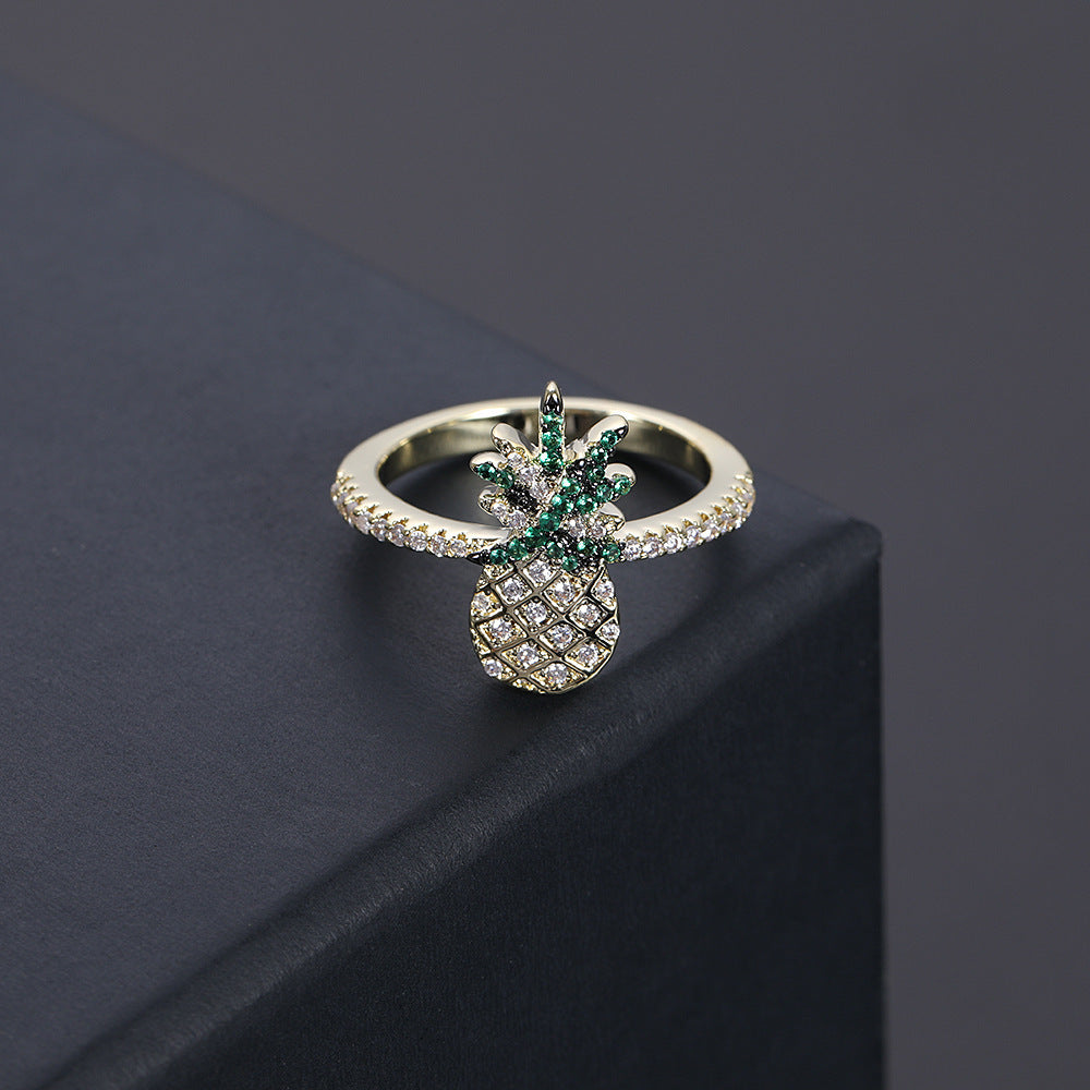 Exotic Pineapple Ring Copper Band With Zircon Eight Hearts And Arrows Design Electroplated Finish Packed Direct