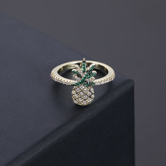 Exotic Pineapple Ring Copper Band With Zircon Eight Hearts And Arrows Design Electroplated Finish Packed Direct