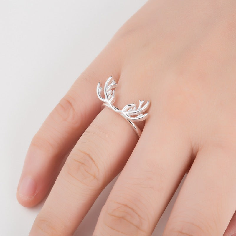 Womens Adjustable Ring Silver Deer Head Ring Copper Antler Ring Animal Ring For Women Girls Gift Electroplated