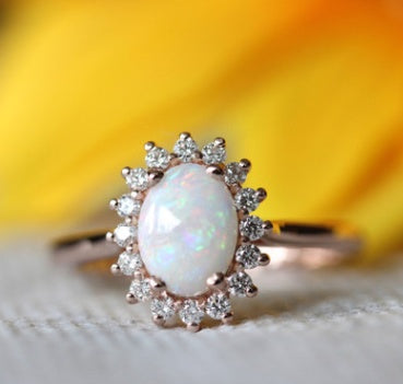Egg Shaped Opal Ring European Style 18K Rose Gold Plated Jewelry for Women Timeless Zircon Accent Classic Look