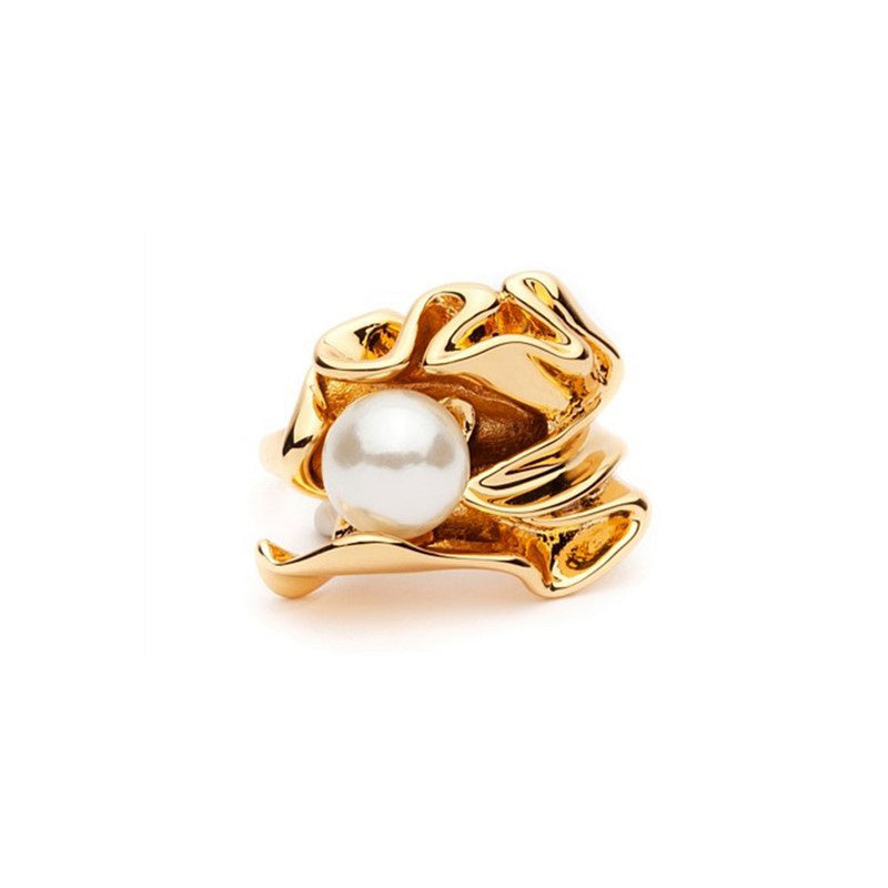 Pearl Ring With Leaves Metal Vintage Geometric Style Electroplating Processing Type Modeling Material Geometric
