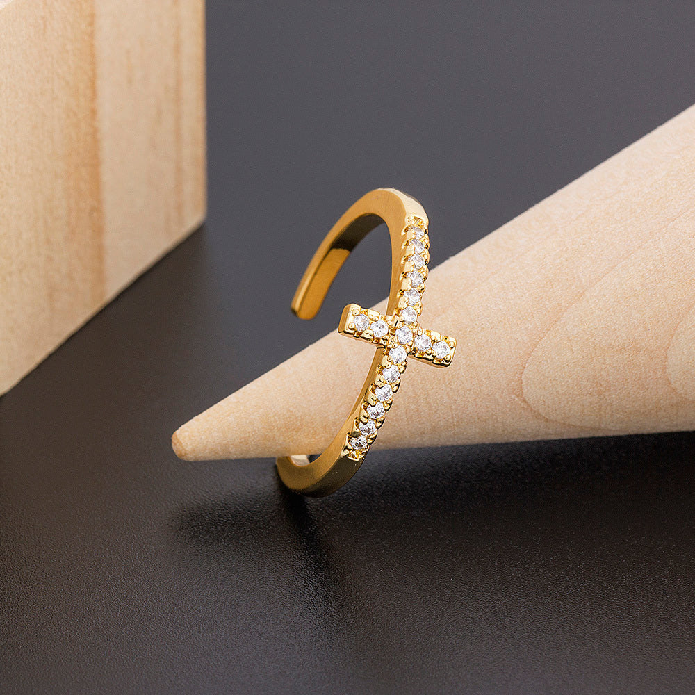 Mens And Womens Diamond Inlaid Zircon Cross Ring Copper Electroplated Adjustable Opening Jewelry Gift For Every Style