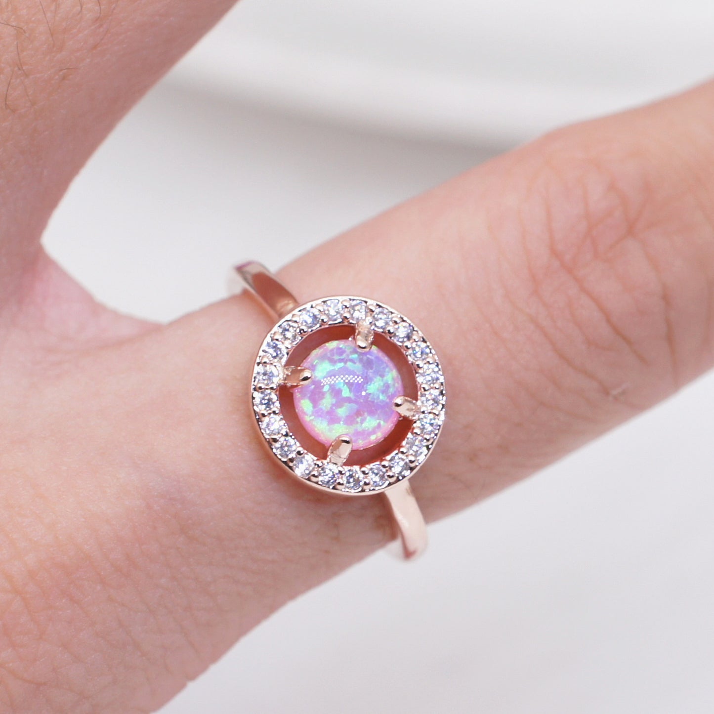 Womens Diamond Encrusted Ring Blue Pink Opal Gemstone Gold Plated Rose Gold Geometric Jewelry Gift Anniversary