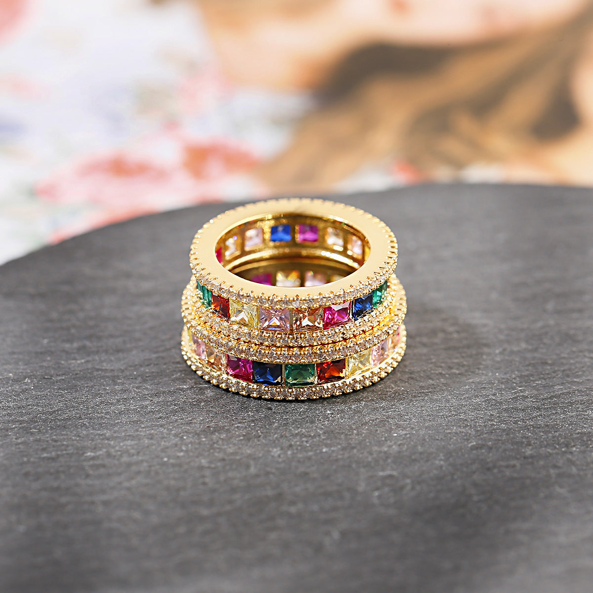 Geometric Alloy Ring With Artificial Gems And Semi Precious Stones Birthday Gift Jewelry For Women All Match Color