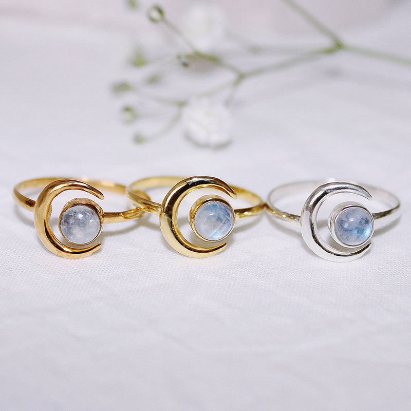Moonstone Ring 925 Silver Plated Moon Design Jewelry Gift for Women Elegant Dainty Brass and White Steel Basis
