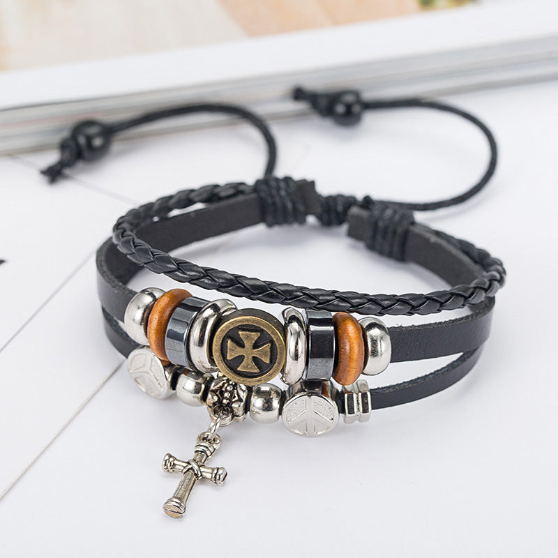 Unisex Leather Bracelet With Alloy Cross European Retro Design Woven Wristband Fashion Jewelry For Men And Women