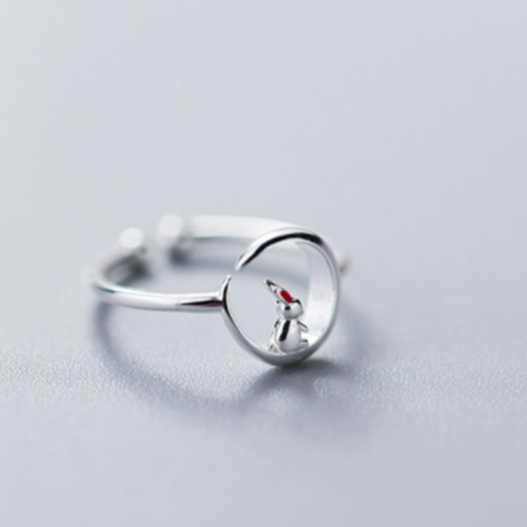Womens Adjustable Rabbit Moon Ring Silver Plated Alloy Animal Jewelry Korean Inspired Elegant Gift For Women Accessory