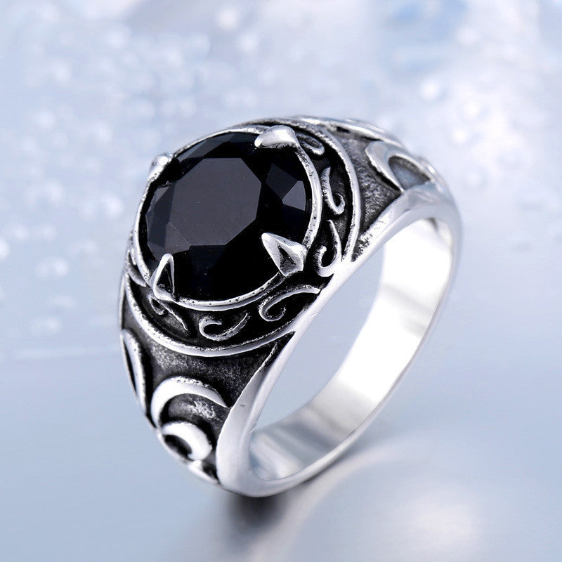 Mens Ring Stainless Steel Vintage Carved Design Jewelry Polished Finish Sapphire Ruby Black Onyx Emerald White Gem
