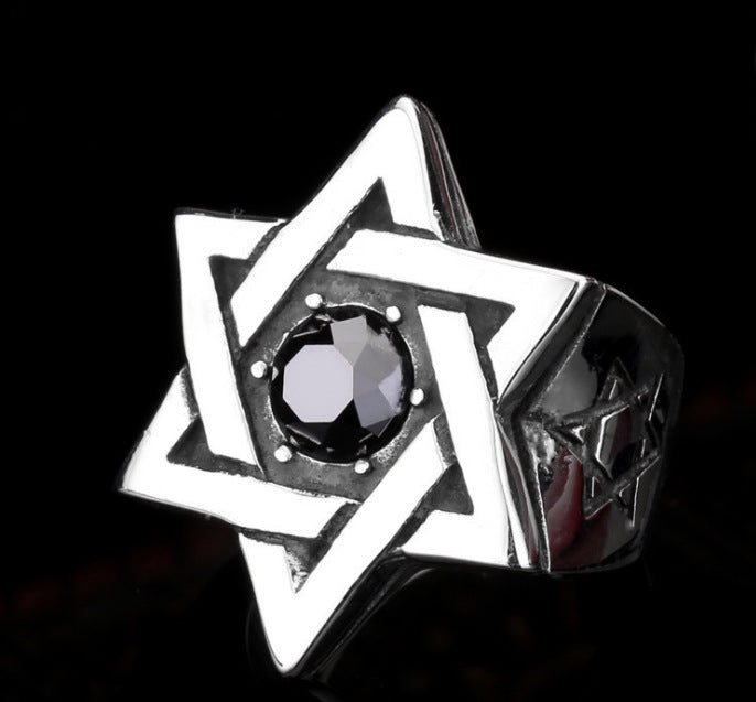 Retro Alloy Ring Six Pointed Star Design Fashion Jewelry for Women Gift Accessory Red JetBlack Plating Elegant