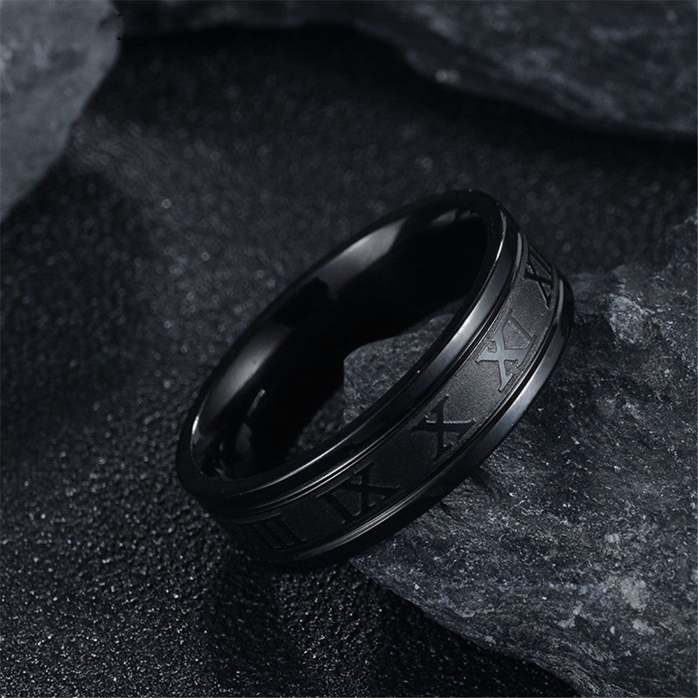 Titanium Steel Punk Ring Electroplated With Straight Edge Roman Numeral Band Fashion Jewelry With Plain Finish