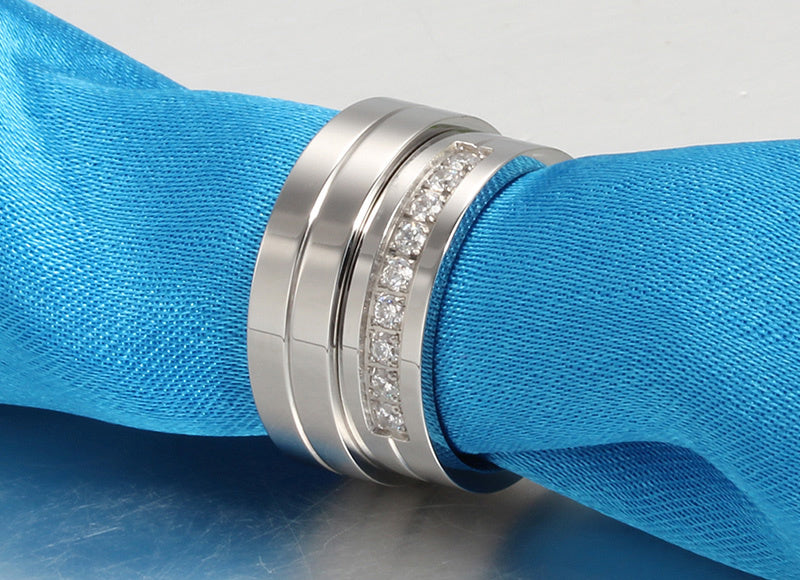 Geometric Stainless Steel Couple Rings With Gold Inlaid Gemstones For Wedding Anniversary Or Birthday Gifting