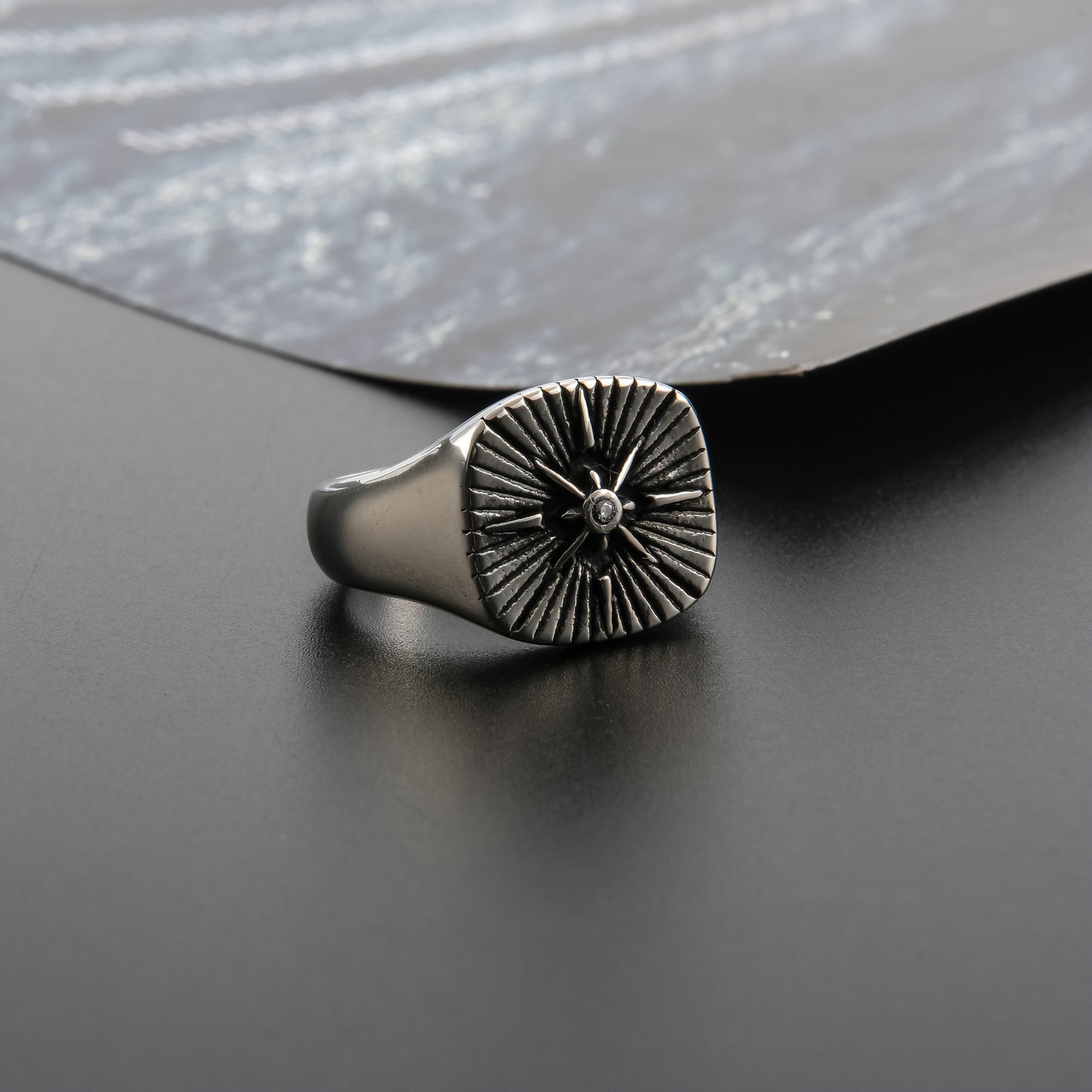 Stainless Steel Ring With Compass Logo Unisex Ring Size 8 To 12 Steel Color 12 g Durable Everyday Jewelry Item