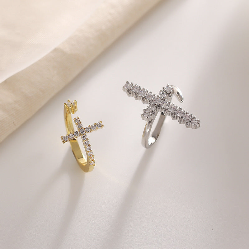 Womens Adjustable Zircon Cross Ring Open Style Gold Plated Copper Ring Or Silver Plated Jewelry Everyday Style